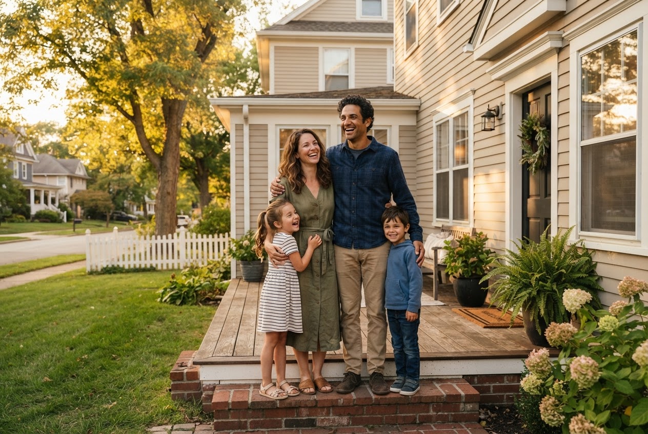 Happy family in front of their home, protected by mortgage protection insurance