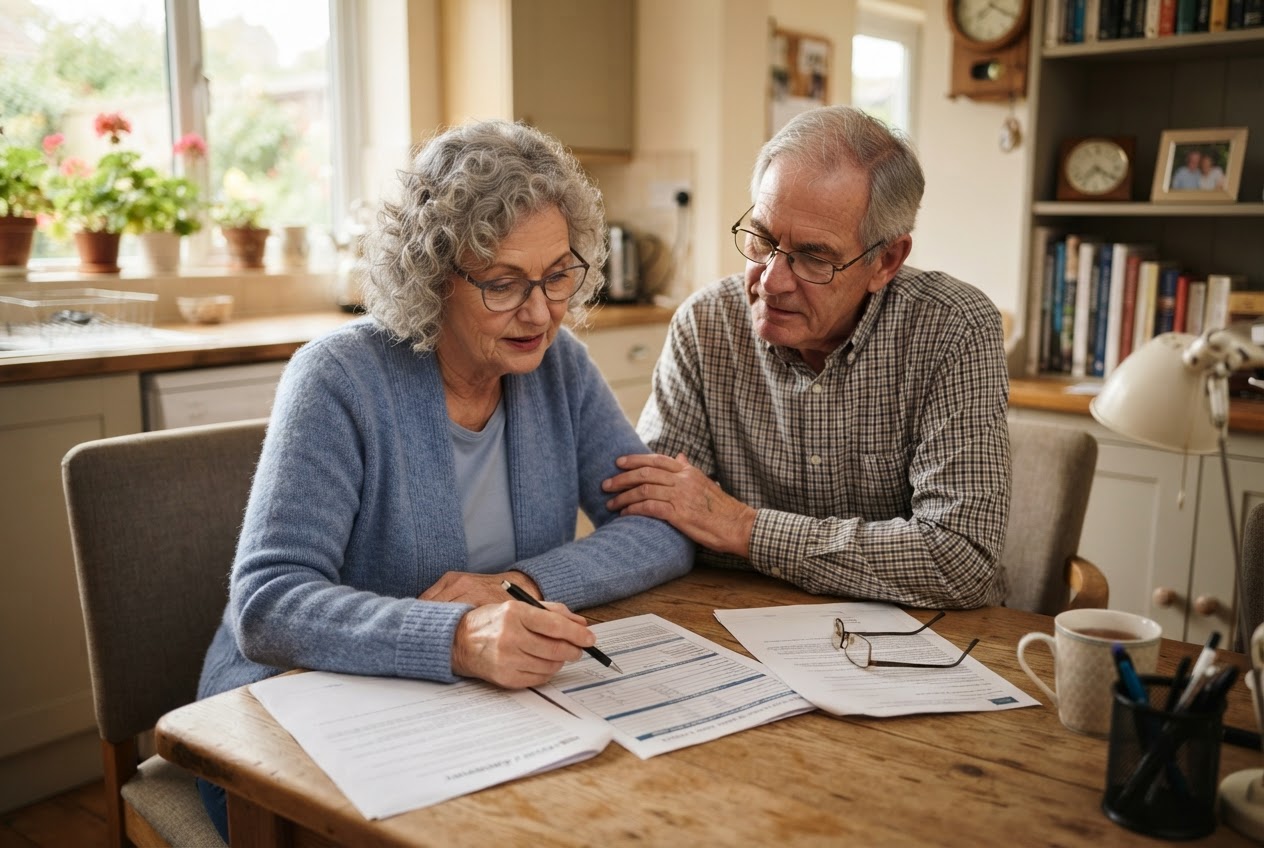 Senior couple reviewing final expense insurance